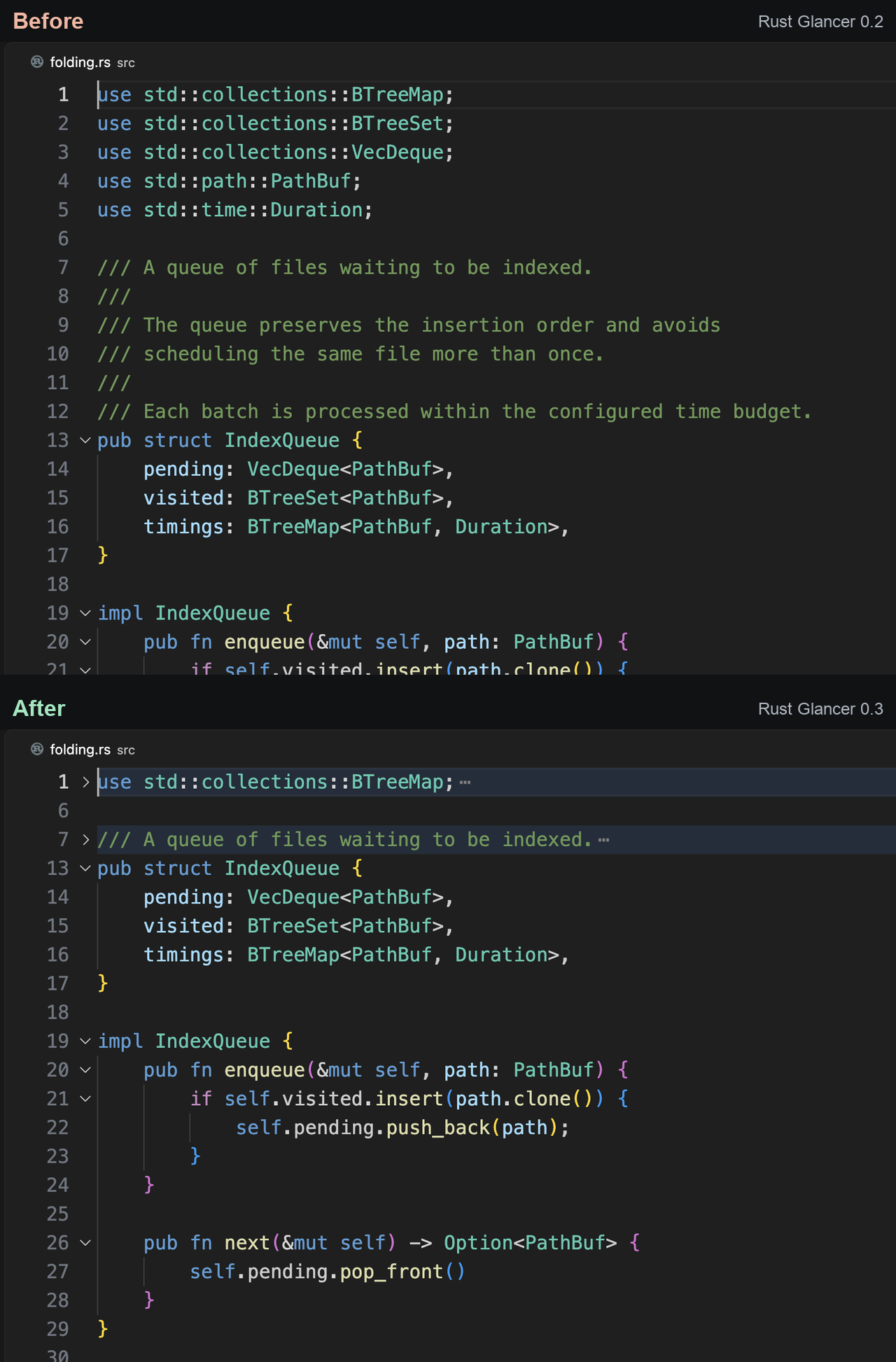 Code block folding in the editor