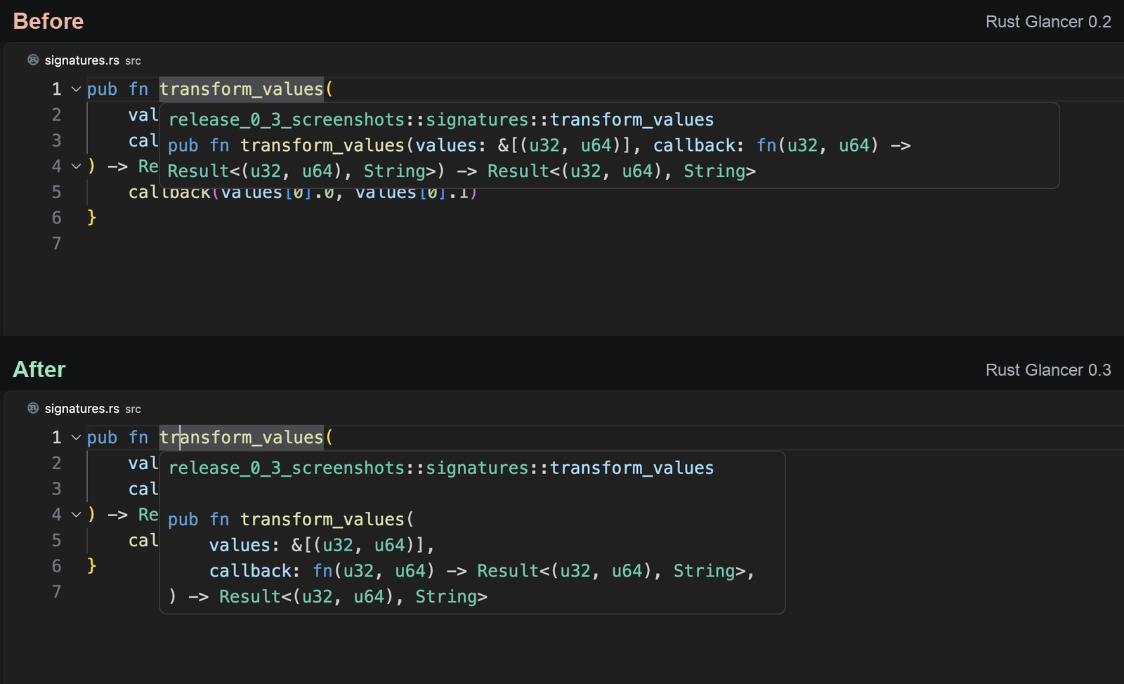 Improved function signature formatting in hover documentation