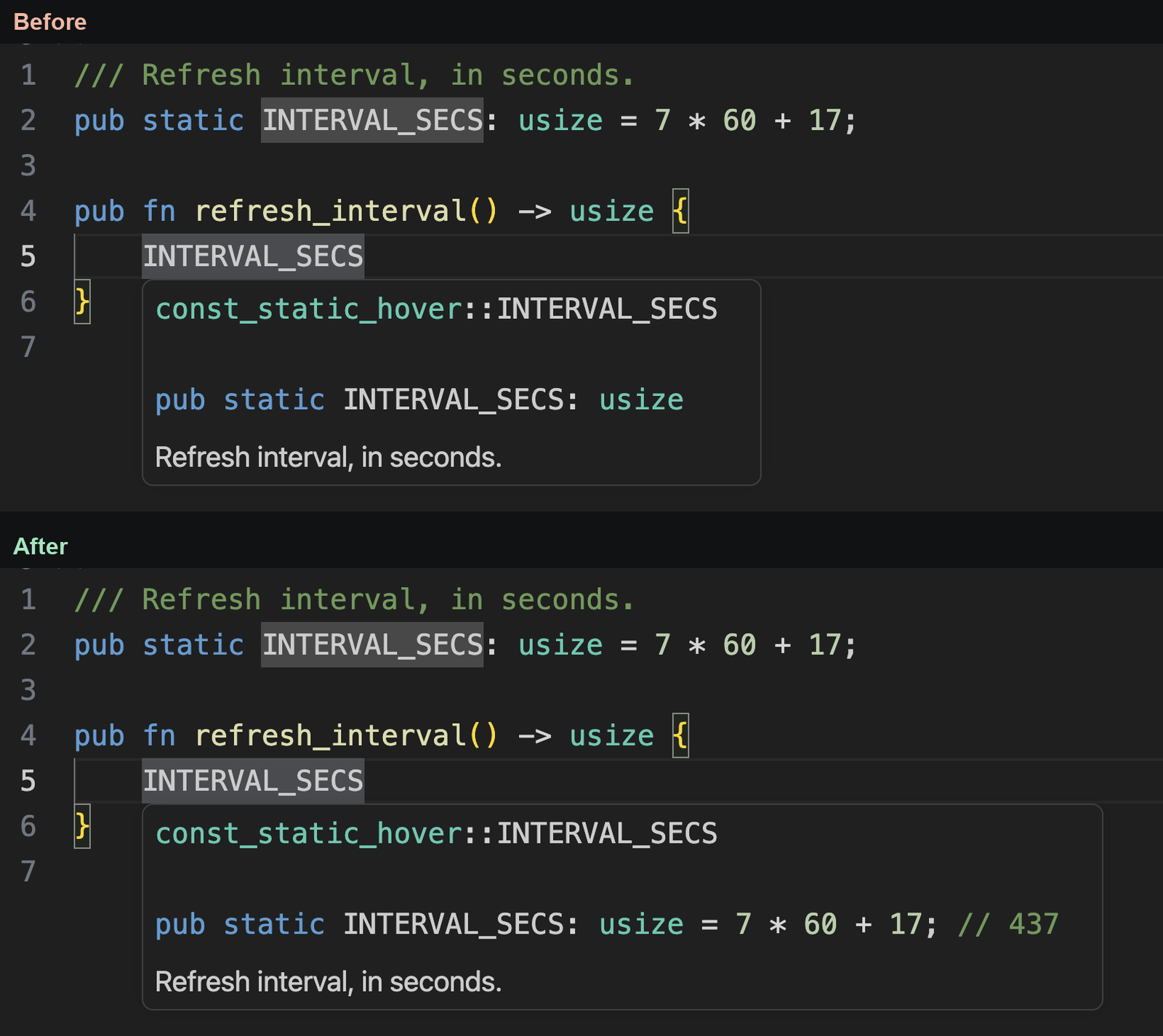 Const and static hover information with initializers and evaluated values