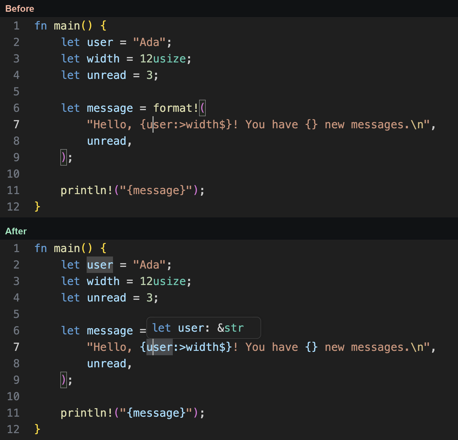 Hover and navigation for macro arguments, with highlighted format string captures